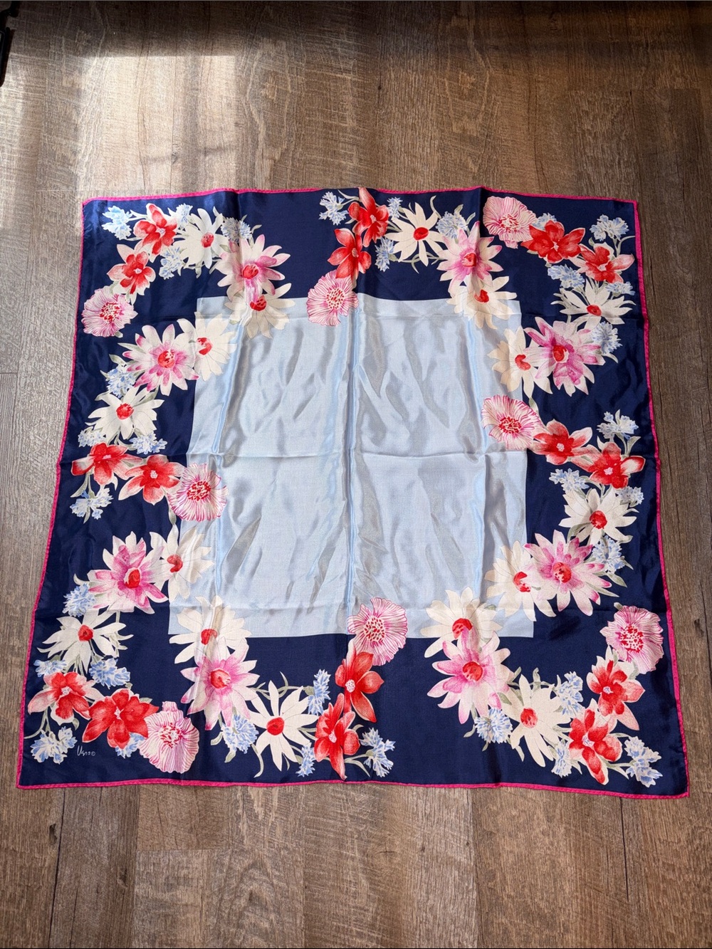 Vera Vintage Blue Floral Silk Square Scarf Shawl Wrap Made in Japan